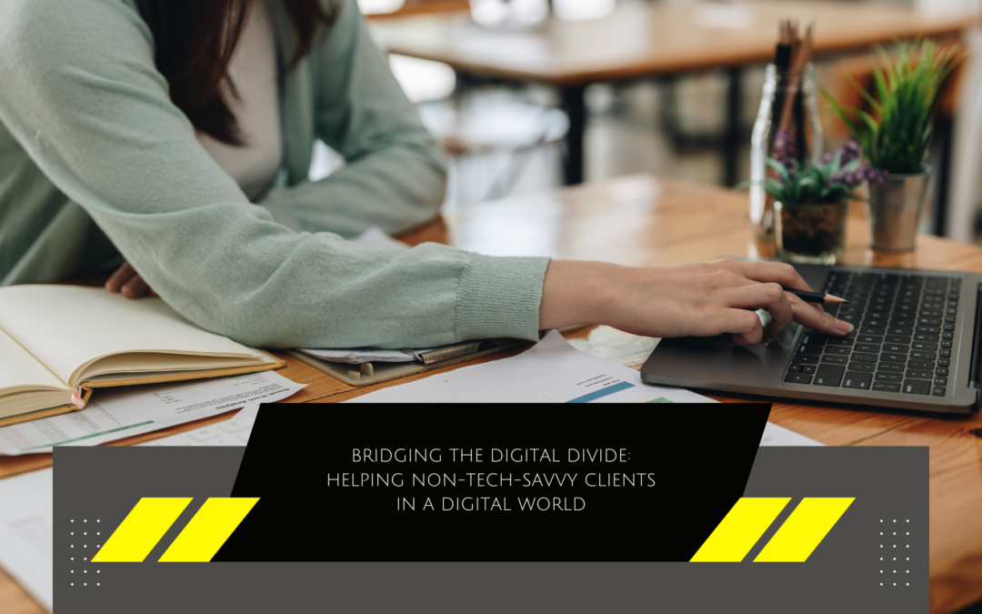 A professional setting where a woman works on a laptop beside stationery, with a presentation slide titled "BRIDGING THE DIGITAL DIVIDE: HELPING NON-TECH-SAVVY CLIENTS IN A DIGITAL WORLD. | Sudoku Bookkeeping