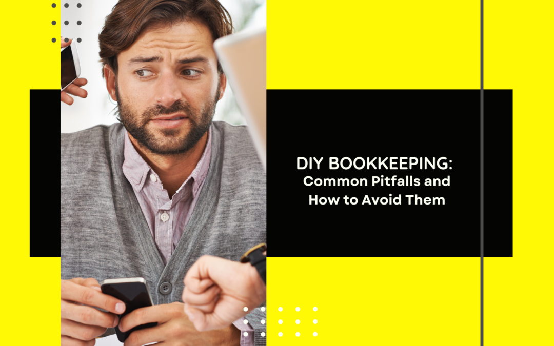 A worried individual holding a smartphone, appearing stressed while discussing DIY bookkeeping, with the text "DIY Bookkeeping: Common Pitfalls and How to Avoid Them" highlighted next to the image. This visual emphasizes the importance of Sudoku Bookkeeping’s expertise in avoiding common bookkeeping mistakes.